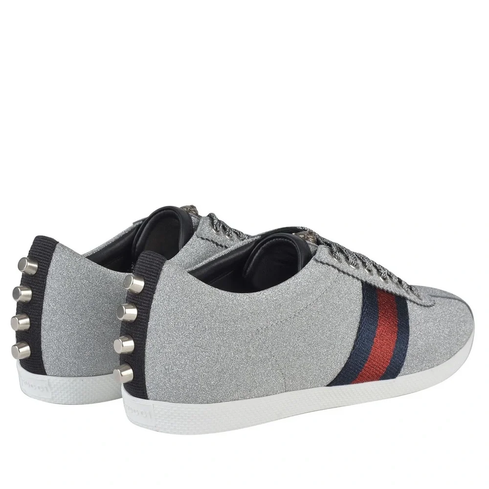 Gucci Silver Glitter Low-Top Sneakers with Navy & Red Web Stripe